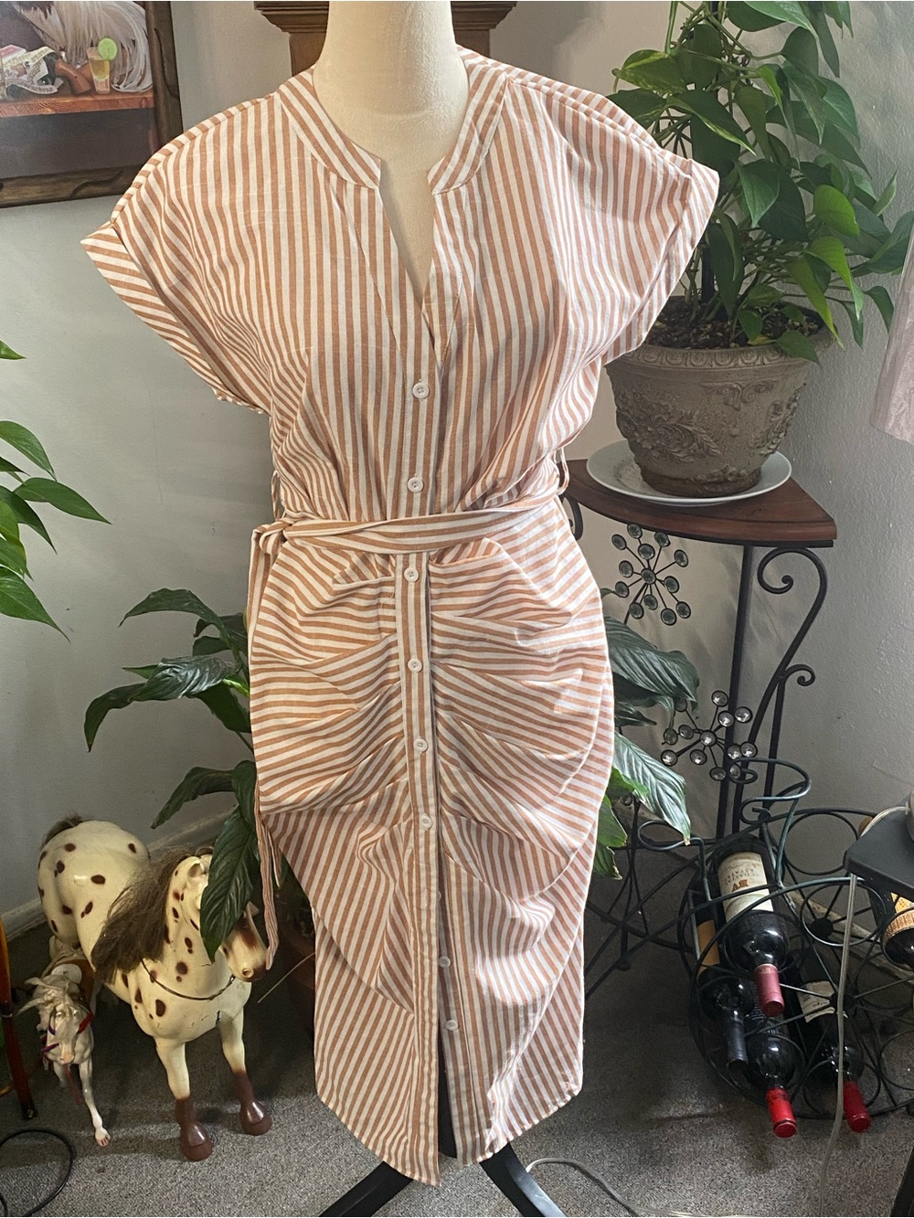 SHEIN Pink and White Striped Button-Front Midi Dress with Tie Waist